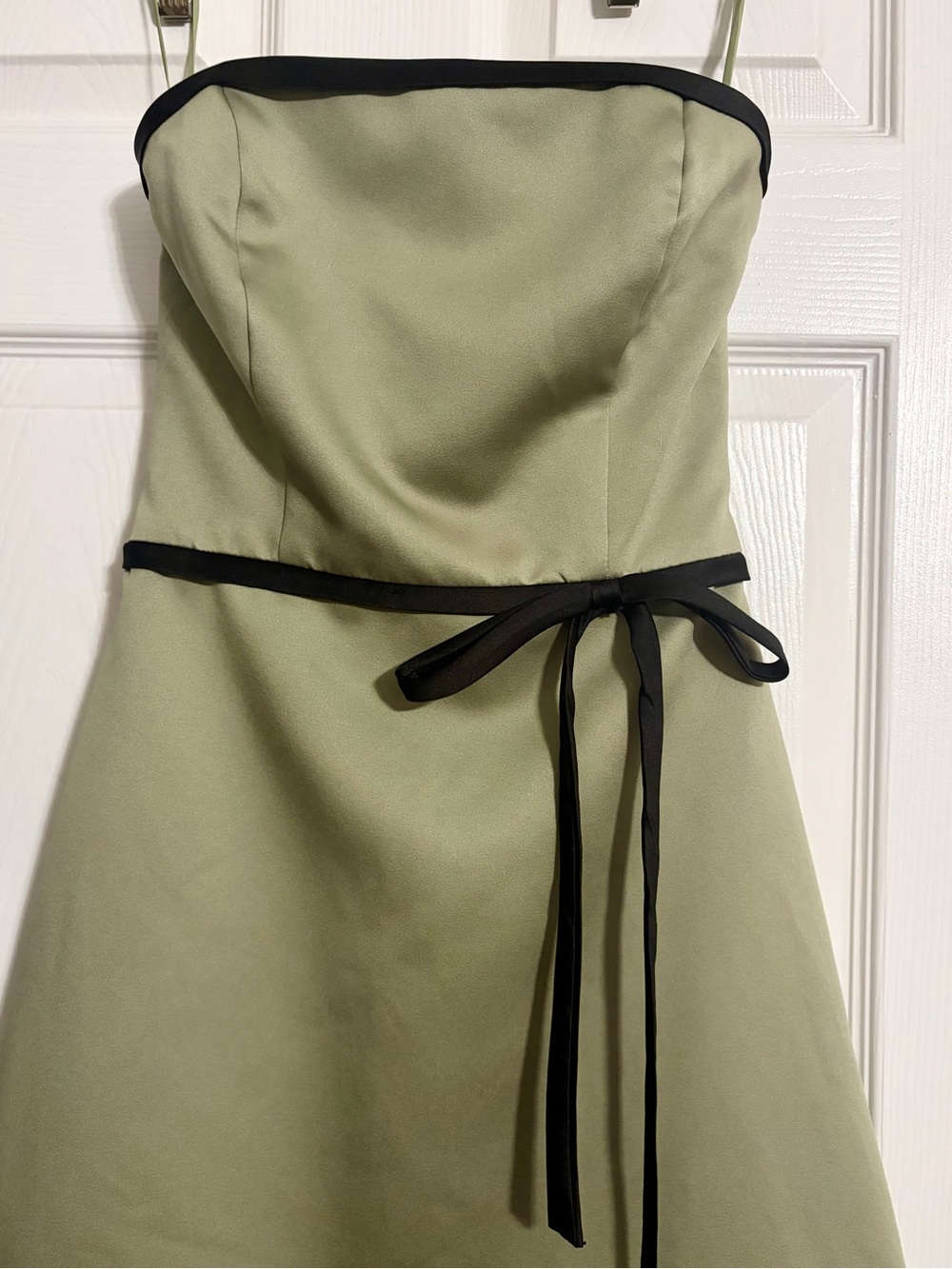 Vintage Joanie G. Strapless Sage Green Dress Size 2 Black Trim Waist Tie - Picture 3 of 8